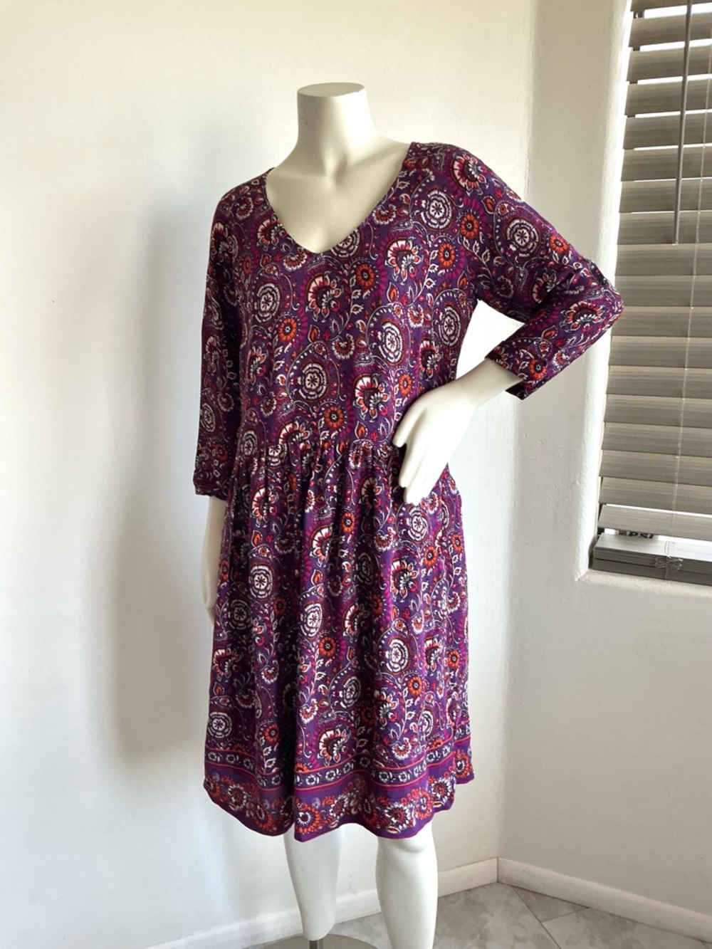 Garnet Hill Boho Paisley Dress Purple V-Neck Fit &Flare 3/4 Sleeve Casual 8